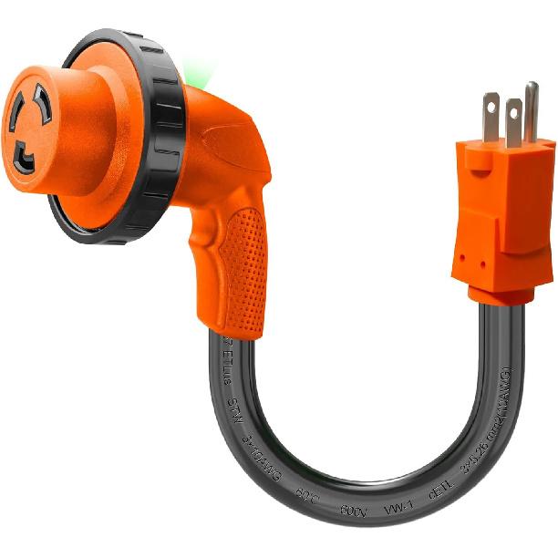 30 Amp To 110 Volt RV Adapter Cord With LED Power Indicator, NEMA 5-15P To NEMA L5-30R 110 Volt RV Adapter 90° With Upgraded Grip Handle,10/3 Gauge