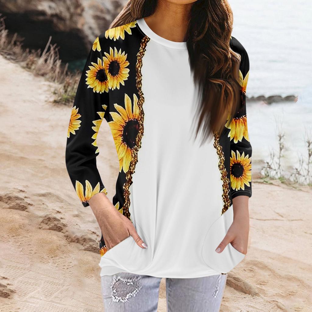 Женская модная повседневная футболка с карманом и круглым вырезом с рукавами 3/4 и топом