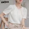 Женская атласная новая китайская рубашка с коротким рукавом, летний дизайн, плиссированная винтажная блузка с пуговицами, маленькая рубашка