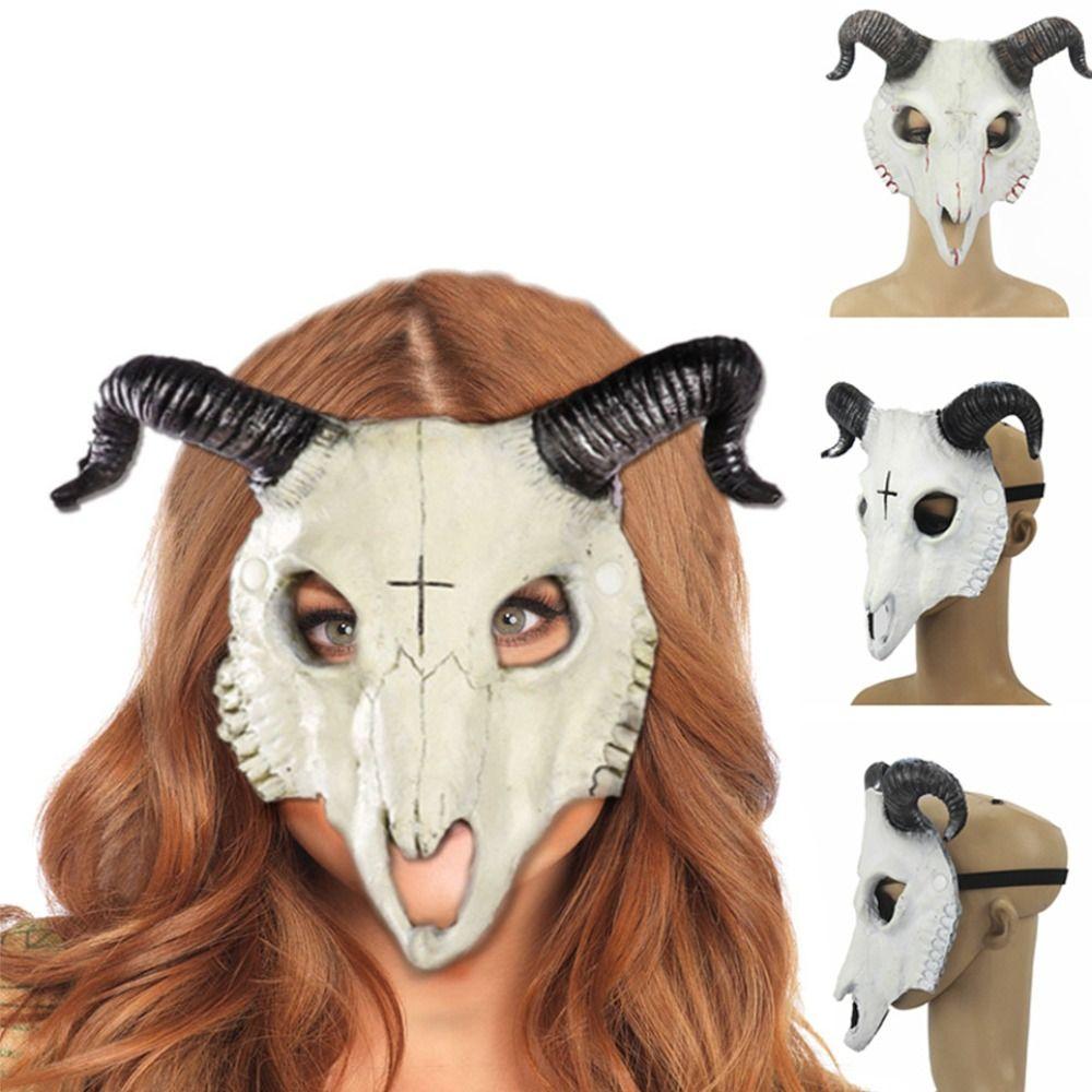 Antelope Halloween Mask PU Leather Goat Horn Mask Gothic Halloween Bloody Skull Mask  Costume Props