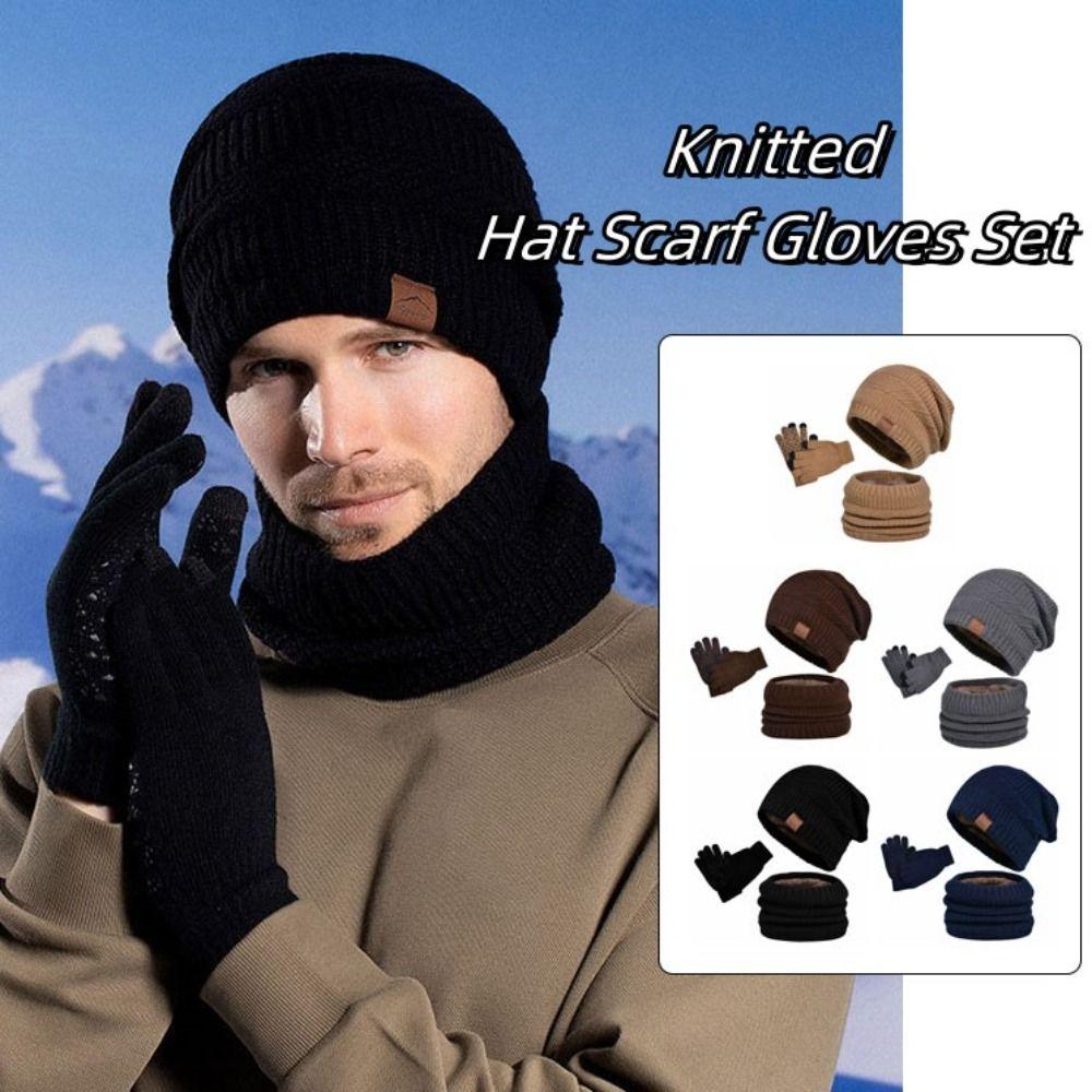 3pcs Wool Hat Scarf Gloves Set Warm Winter Beanie Hat Simple Thermal Knit Cap Skiing