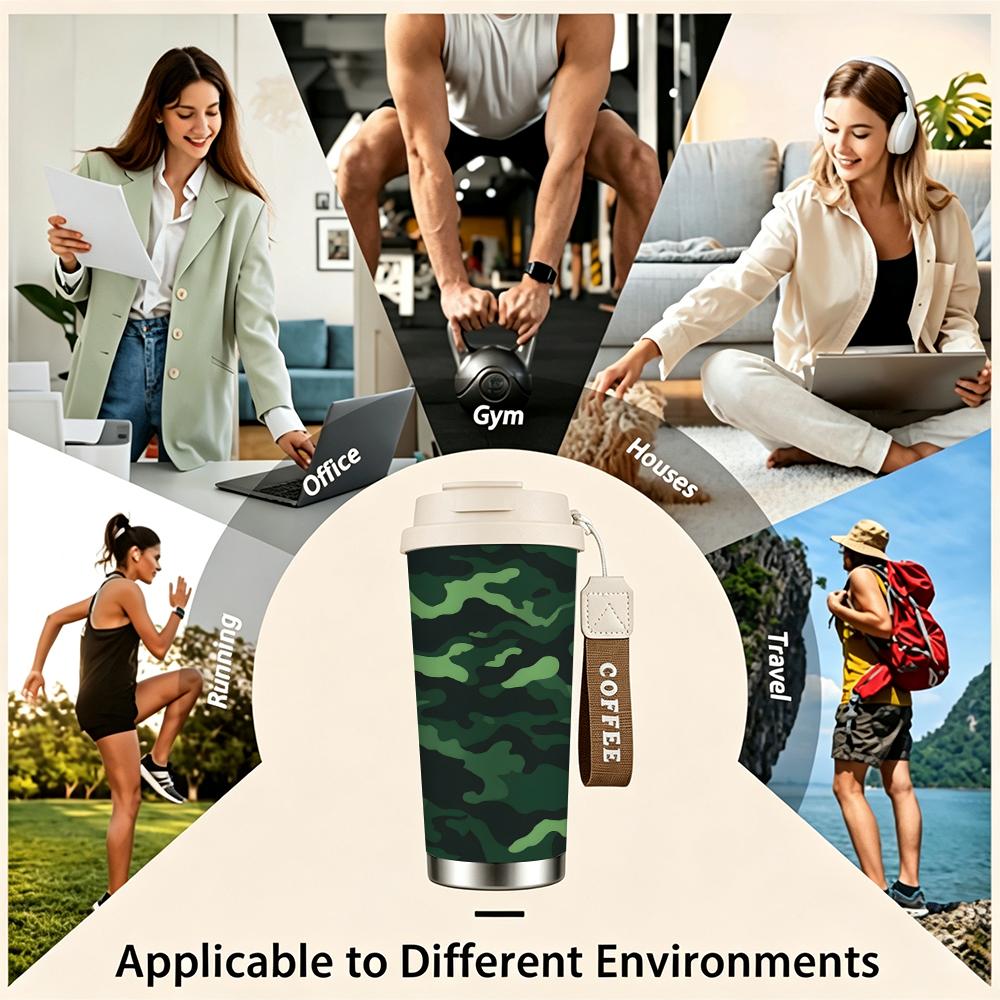 Green Camouflage Pattern Leakproof Insulated Coffee Tumbler Reusable Vacuum Thermal Mug Portable Travel Cup for Outdoor Hiking Camping