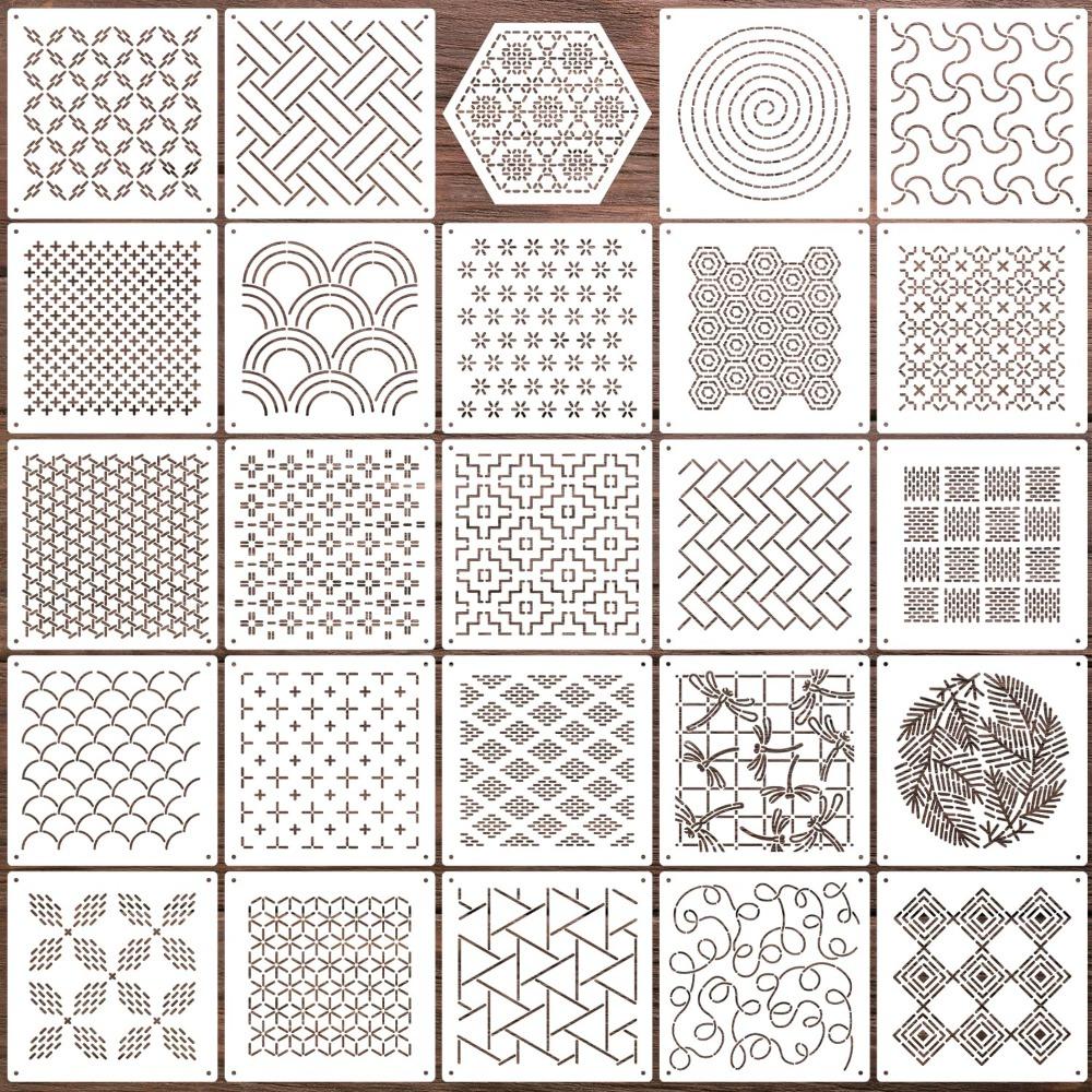 20pcs/25pcs Geometric Pattern Sashiko Stencil Kit Reusable PET Sashiko Thread Kit Handmade DIY Sashiko Embroidery Template