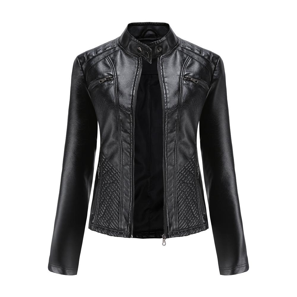 Ladies Autumn Winter Stand Collar Long Sleeve Slim Leather Pu Jacket S-3XL