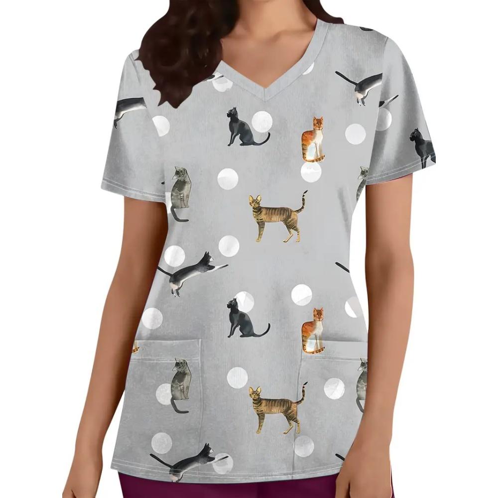 Clinical Uniform Cute Cat Cartoon Print Fashion Short Sleeve Casual V-Neck Vet Medical Clothes Women's T-shirts