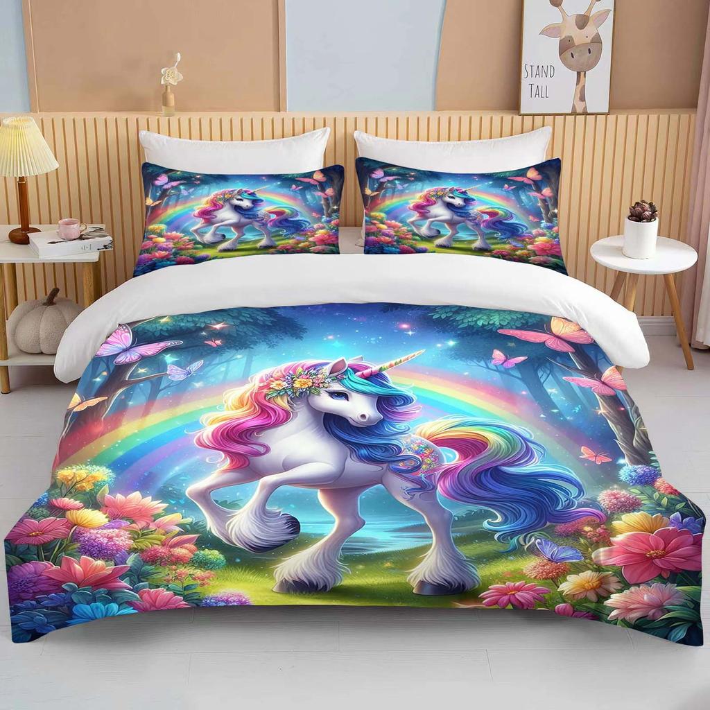Cute Cartoon Unicorn Print Bedding Set Duvet Cover 1 Duvet Cover 2 Pillowcases Adult and Children Bedding Set Luxury Grils Gift