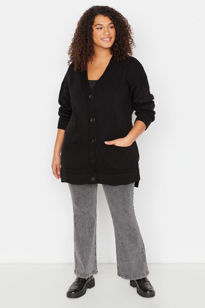 Women's Fashion Stylish Plus Size Cardigan Black V-Neck Knitwear Cardigan with Pockets
