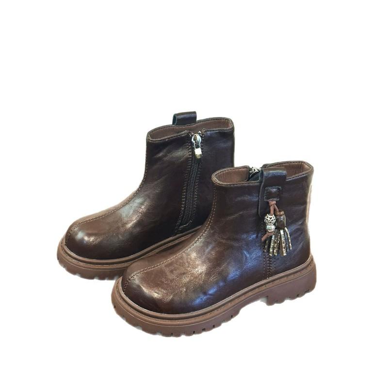 Youth style shoes Girls Winter Fashion Boots Kids PU Leather Ankle With Side Zipper Warm Lined Flat Heel School Outdoor