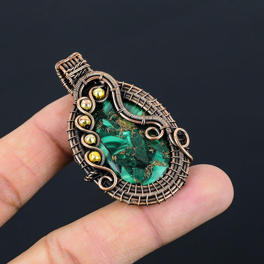 Copper Malachite Gemstone Pure Copper Wire Wrapped Handmade Pendant Jewelry