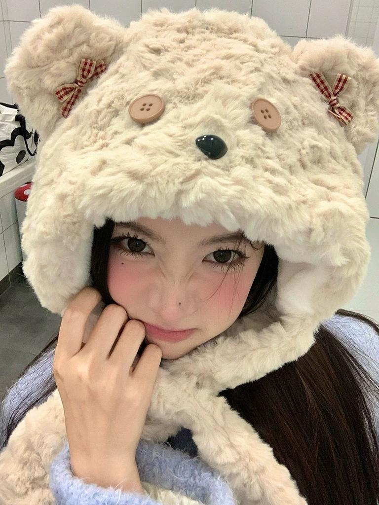Cartoon Bear Plush Hat Autumn and Winter Scarf Hat Integrated Thickened Windproof Warm Scarf