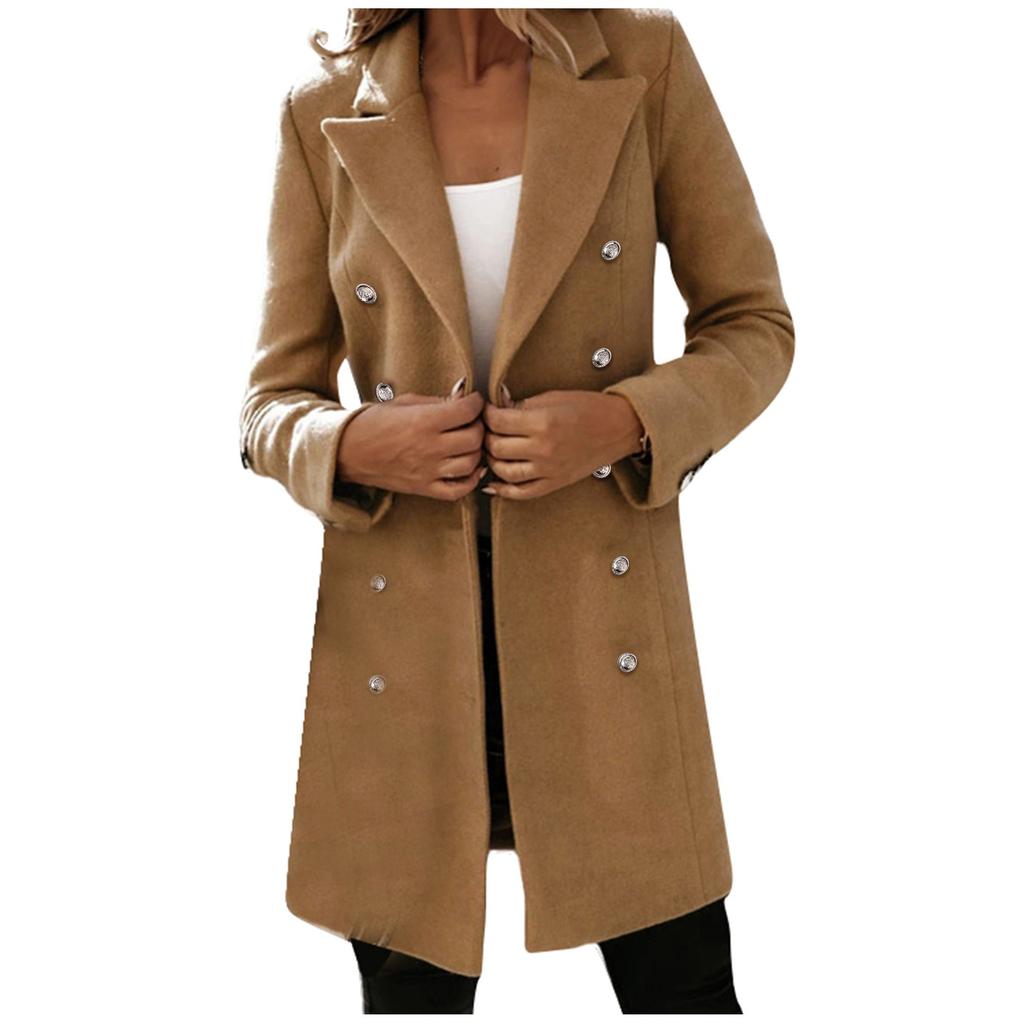 Женская мода с длинным рукавом и двойной пуговицей шерстяное пальто осень и зима