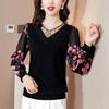 Весенне-осенняя новая модная футболка, женская рубашка из двух предметов, кружевная блузка с длинными рукавами и бриллиантами, M-4XL