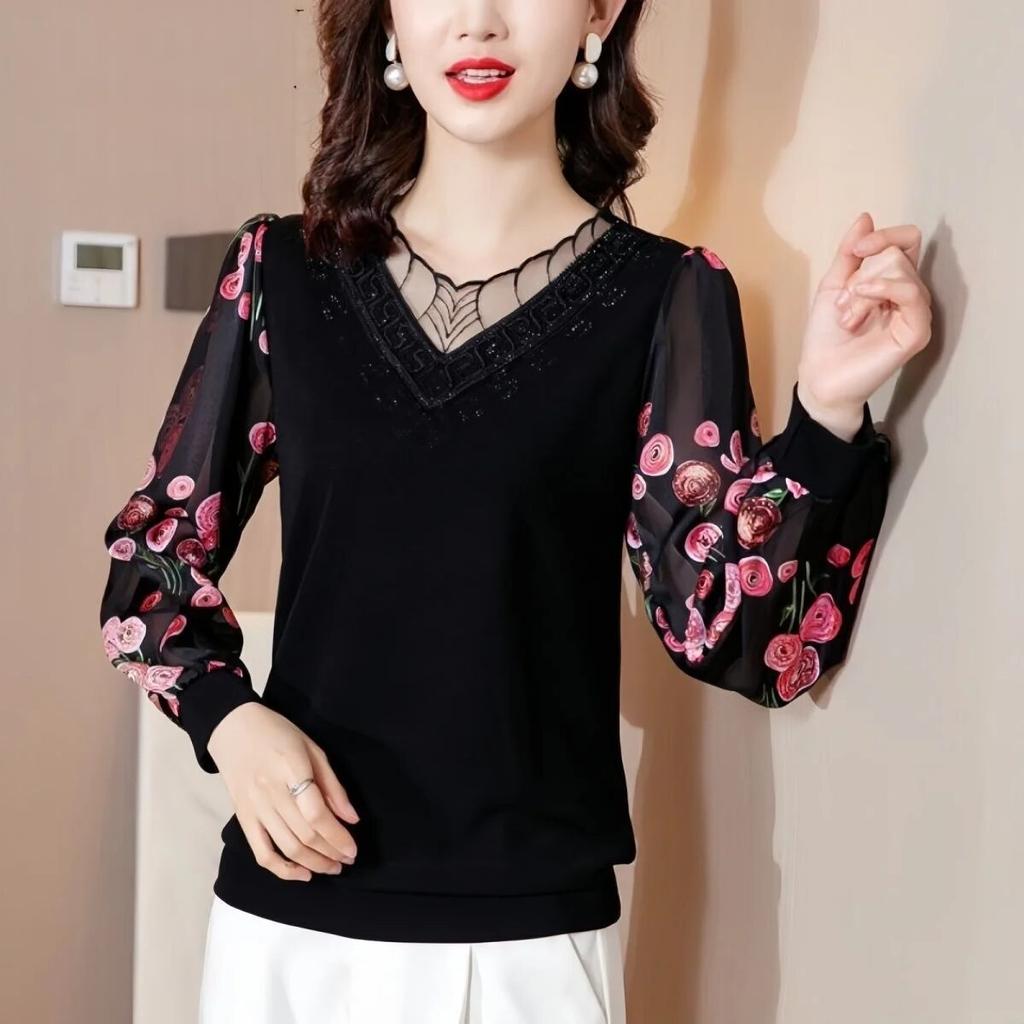 Весенне-осенняя новая модная футболка, женская рубашка из двух предметов, кружевная блузка с длинными рукавами и бриллиантами, M-4XL