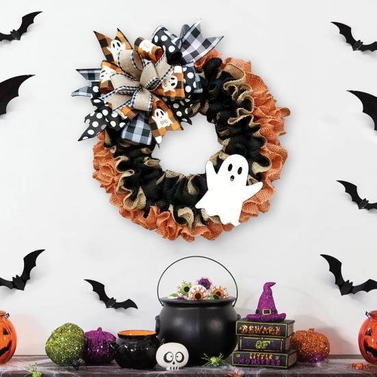 Halloween Ghost Wreath for Front Door Rustic Burlap Wreath with Plaid Bow for Farmhouse Porch Window Wall Decor