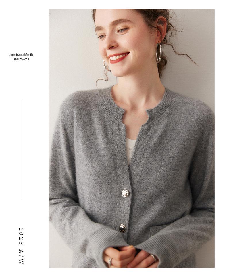 Round Neck Loose Cashmere Cardigan: Women's Long Sleeve Knit Sweater with Pockets - Autumn/Winter Outerwear.