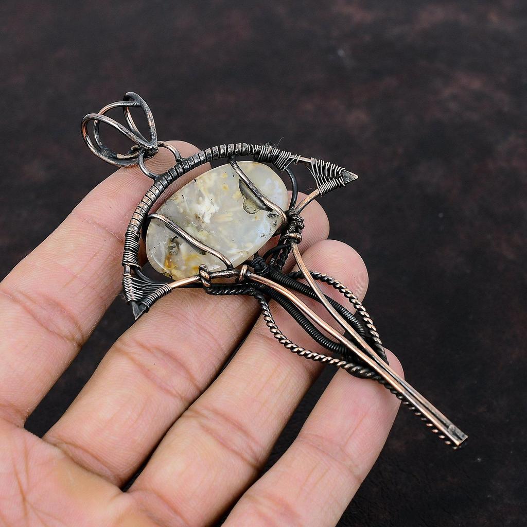Подвеска из агата с перьями, Подвеска, оплетенная медной проволокой, Стильная подвеска, Ювелирное изделие из драгоценного камня агата с перьями, Подвеска ручной работы, Медные украшения, Подарок для мамы