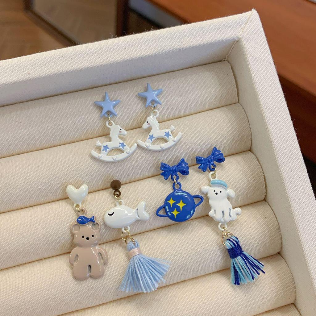 Милые серьги в виде голубого медведя для женщин - Серебряная игла Niche Carousel Design