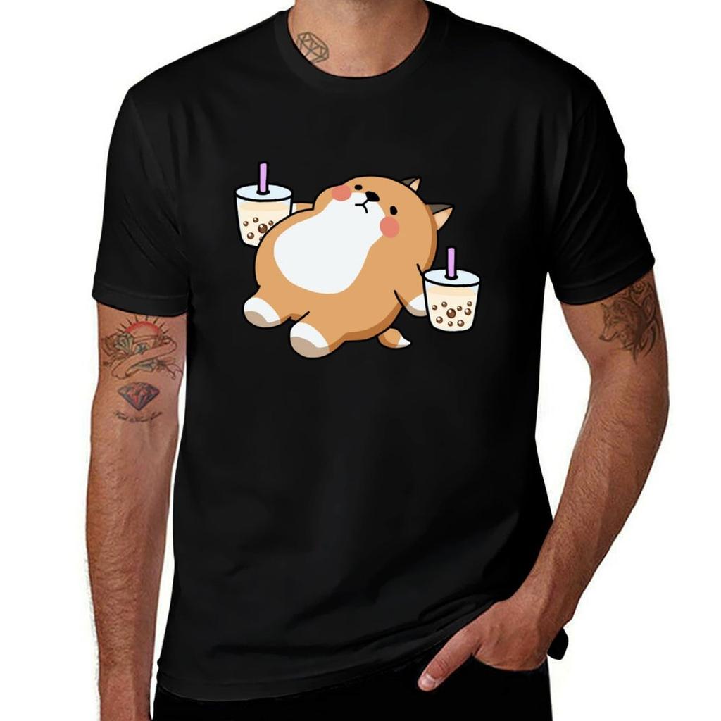 Lazy Shiba Loves Boba Tshirt Basic Crew Neck Short Sleeve Top