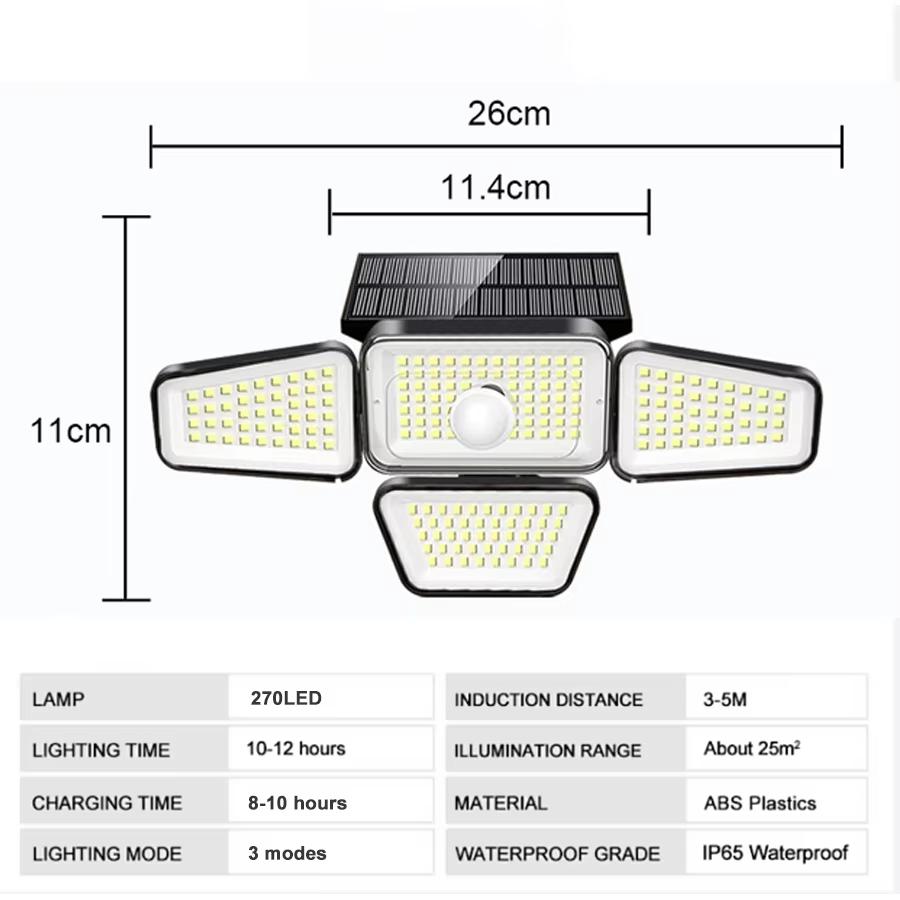 Solar Lights Outdoor 333/288/270 LED 4 Heads Motion Sensor Wall Lights Remote Waterproof Street Area Light Patio Garden Garage