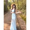 Seaside Vacation Wind Blue Lace Splicing Floral Suspender Dress Gentle Temperament Waist Hip Fish Tail Skirt Summer