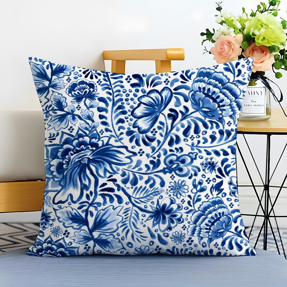 Blue and White Porcelain Cushion Cover Washable Linen Pillowcase Soft  for Sofa Bed Cozy Home Room Decor