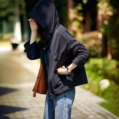 Модная повседневная куртка с капюшоном, женская весенняя новая универсальная однотонная короткая куртка на молнии