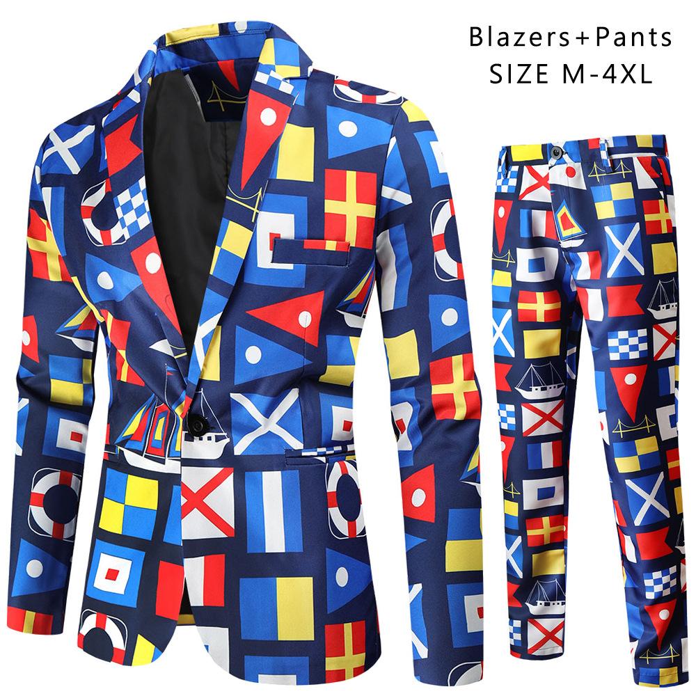 Весенне-осенний мужской повседневный костюм, модный мужской костюм с цифровой печатью, комплект из двух предметов