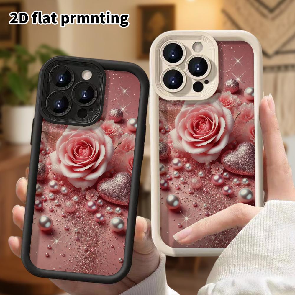 Phone Case: 2D flat design suitable for iPhone 18 17 16 15 14 13 Pro stepped protective case, pink and white rose, Christmas and Halloween gift