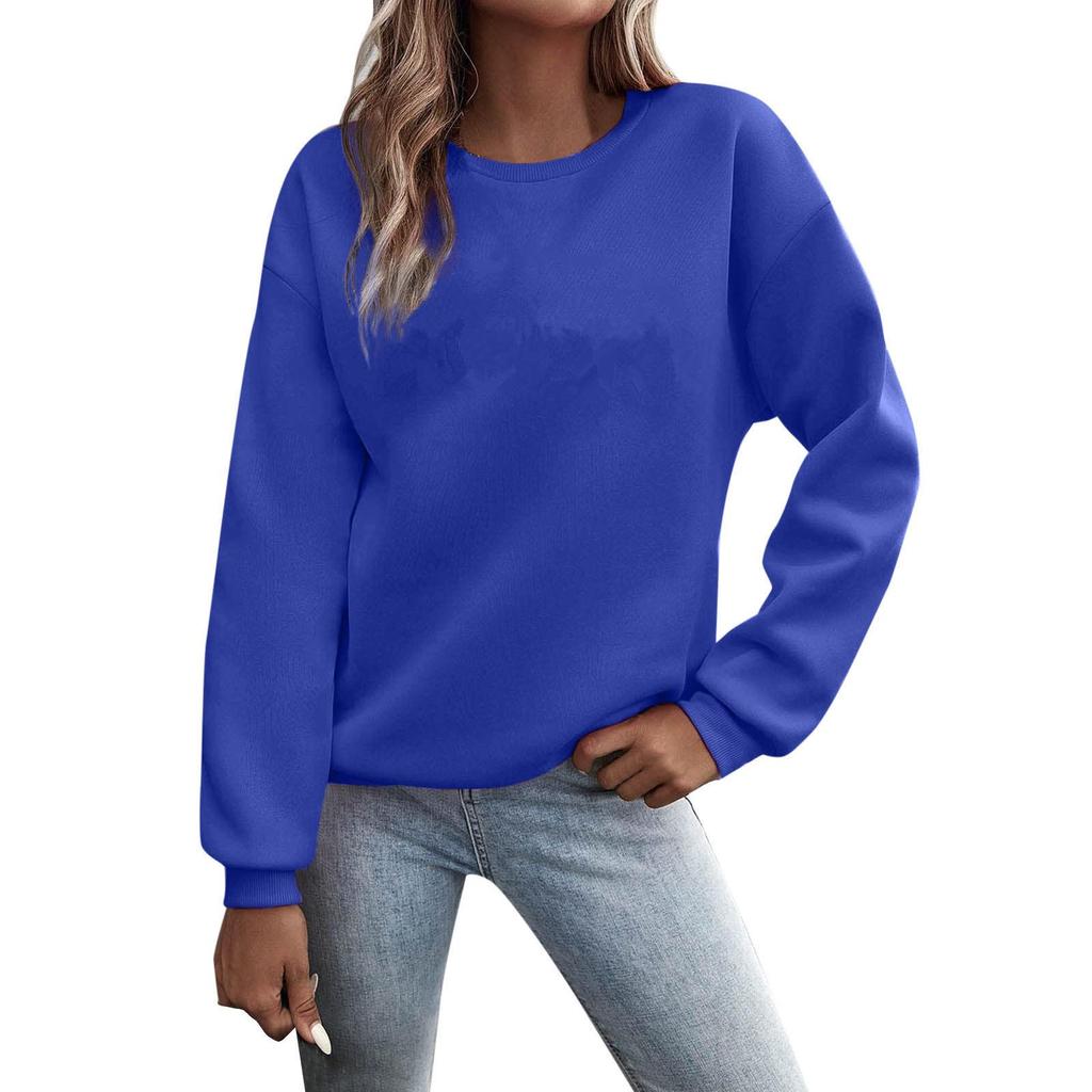 Women's European and American Loose Fit Round Neck Solid Sweatshirt - Autumn/Winter Plus Velvet Long Sleeve Casual Sports Top
