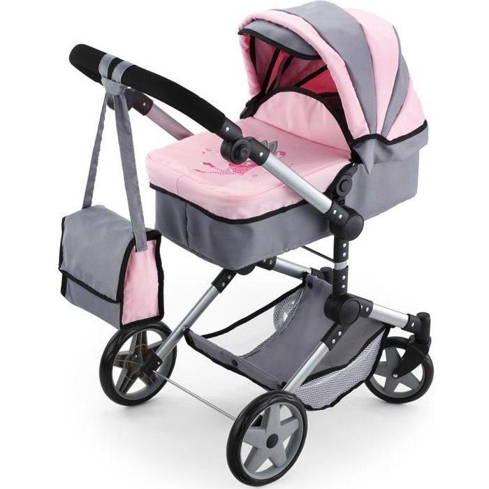 BAYER Grand Neo Pro Doll Pram - Adjustable - Grey/Pink - 51-89 Cm
