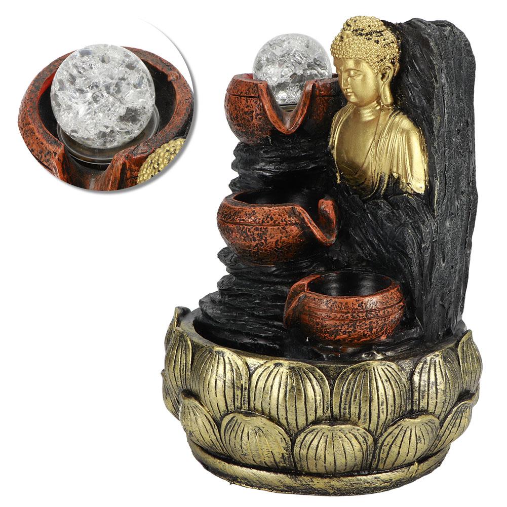 Настольная статуя Будды, фонтан, текущая вода, украшение с подсветкой и шариками из смолы, пейзаж