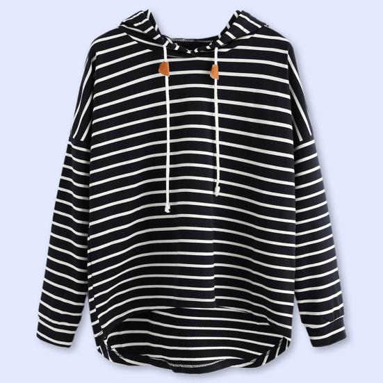 Пуловерная рубашка в полоску с принтом, свободная полиэстеровая эластичная повседневная женская толстовка с капюшоном для дома