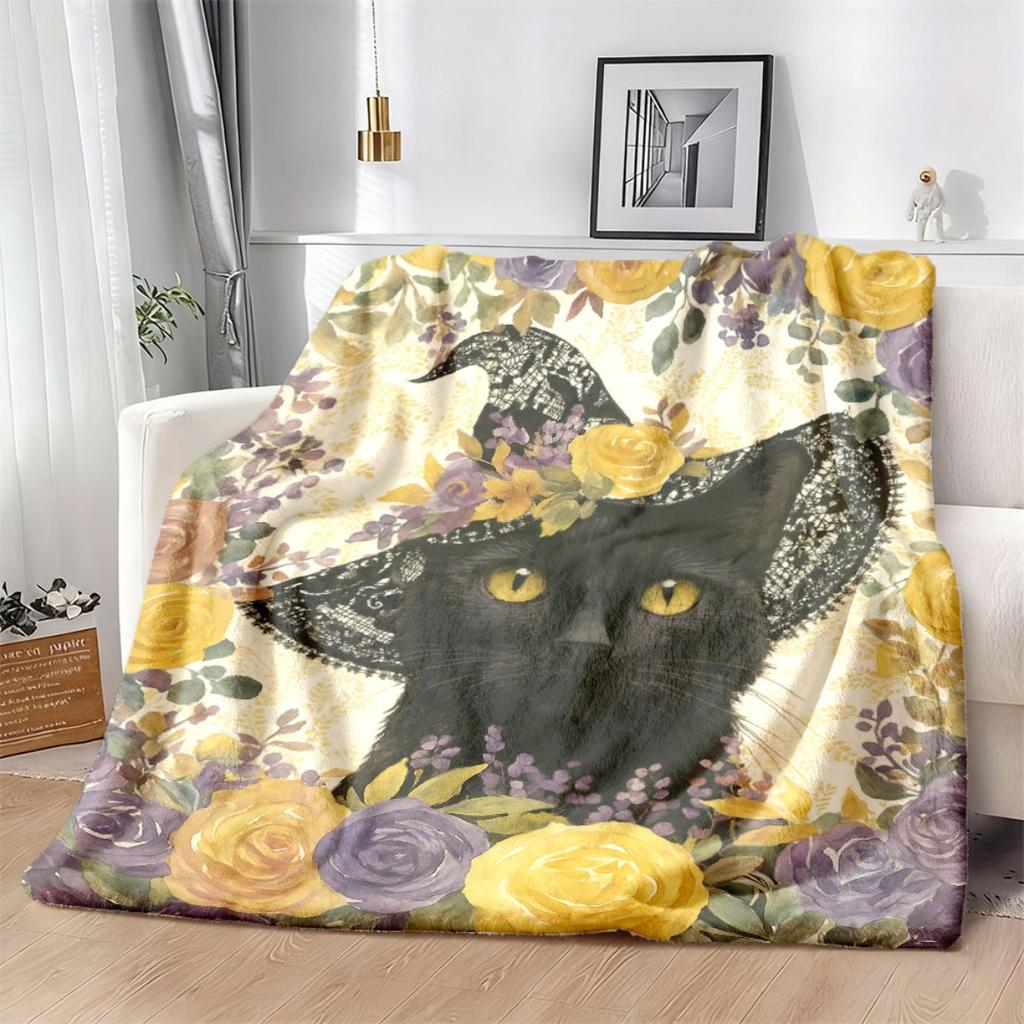 1pc Blanket Black Cat Witch Hat, Golden, Purple, Yellow Floral Pattern Soft Flannel Throw for Couch, Bed, Living Room Machine Washable Allseason Home