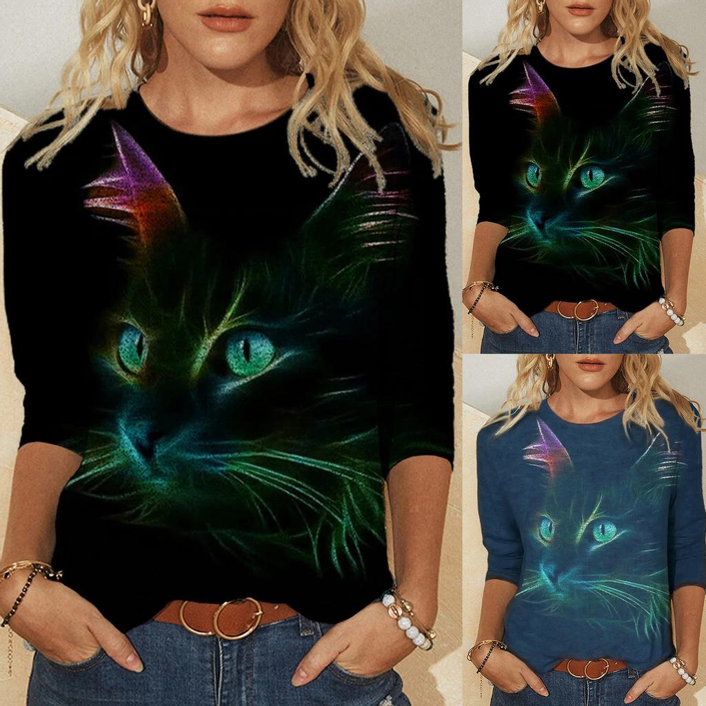 Women Casual Long Sleeve Cat Printing Shirt Blouse Top