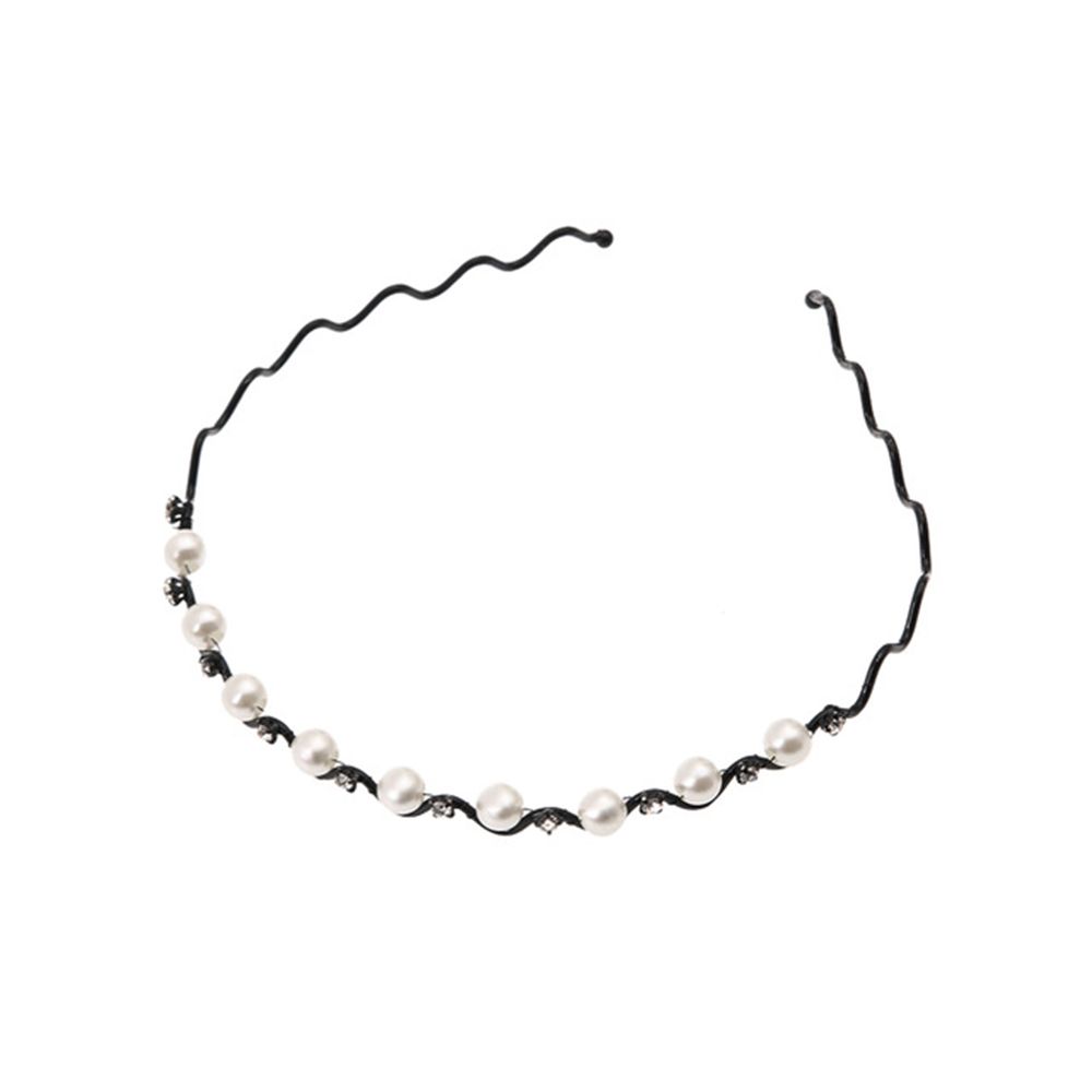 Jewelry Head Chain Rhinestone for Women Headwear Pearl Crystal Wave Hairband Black Silver Metal