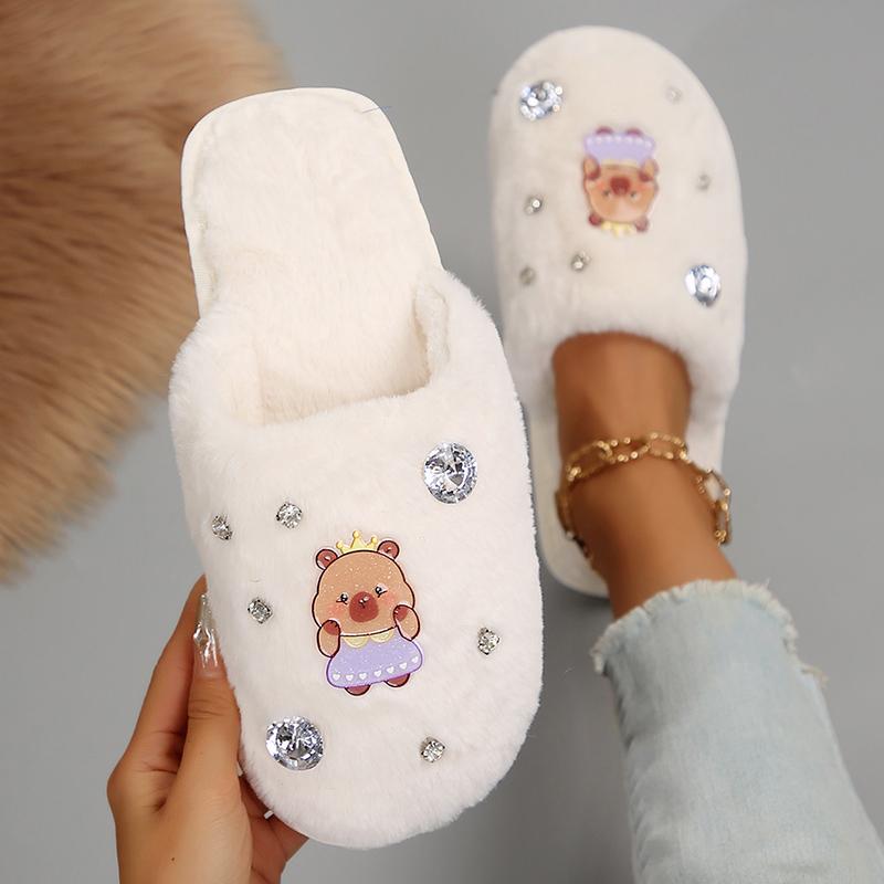 Fashion Cute Cartoon Pattern Plush Slippers Women Winter Warm Indoor Furry House Slippers Woman Rhinestone Decor Soft Cozy Home Slides