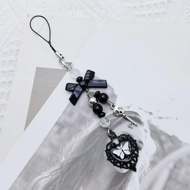 Bow-Love Keychain Crystal Y2k Beaded Phone Lanyard Strap Guitar Charm Cross-Pendant Phone Chain Anti-Lost for Women Girl