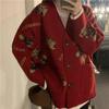 Sweater Jacket Women's Fall Red Retro Casual Knit Jacket Slim Button Cozy Tops