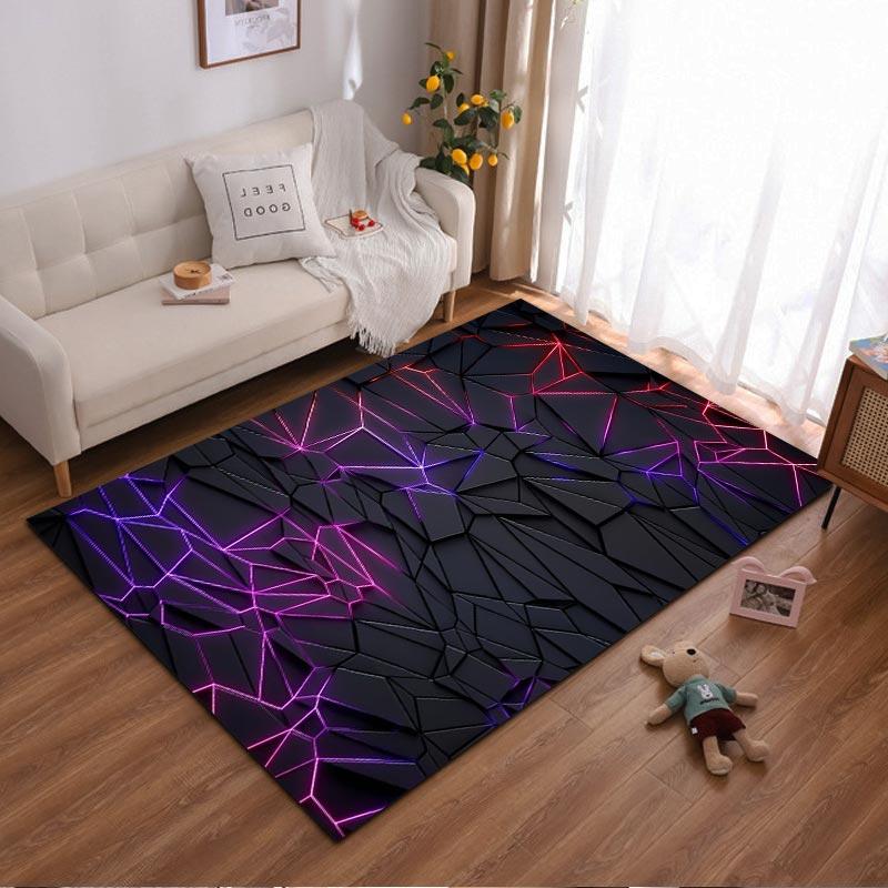 Modern Geometric Black Carpet with Neon Purple and Red Design Pattern Suitable for use as an anti-slip for living room bedroom sofas