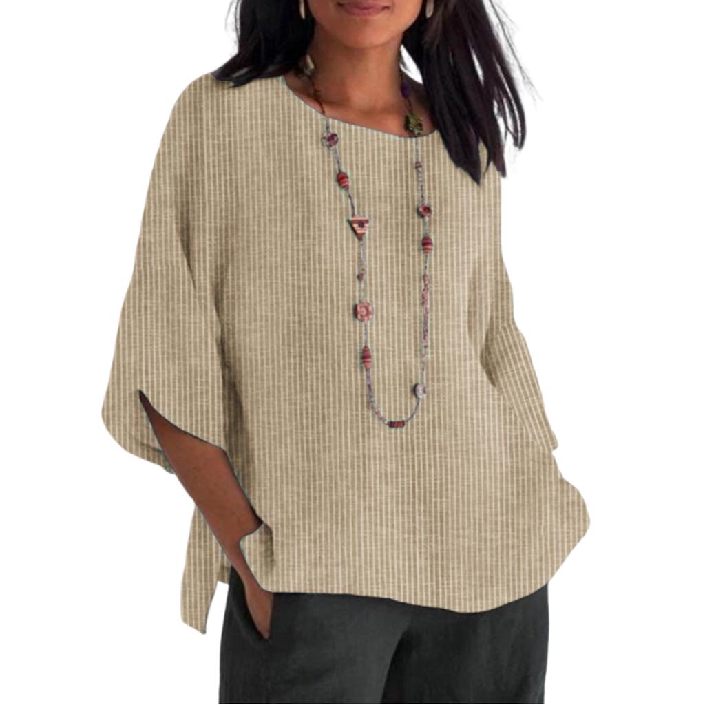 Женская модная футболка свободного кроя из хлопка и льна с круглым вырезом