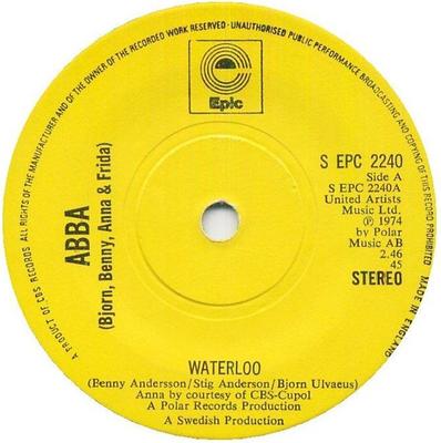 7-дюймовая пластинка ABBA, BJÖRN & BENNY, AGNETHA & ANNI - Waterloo SEPC2240 Epic 1974 UK Поп Б/у