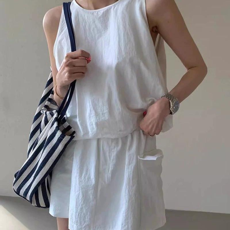 Summer Women Solid Color Casual 2 Piece Sets Zipper Sleeveless Vest Shirt +Elastic Waist Shorts Skirt Set Office Women Outfits