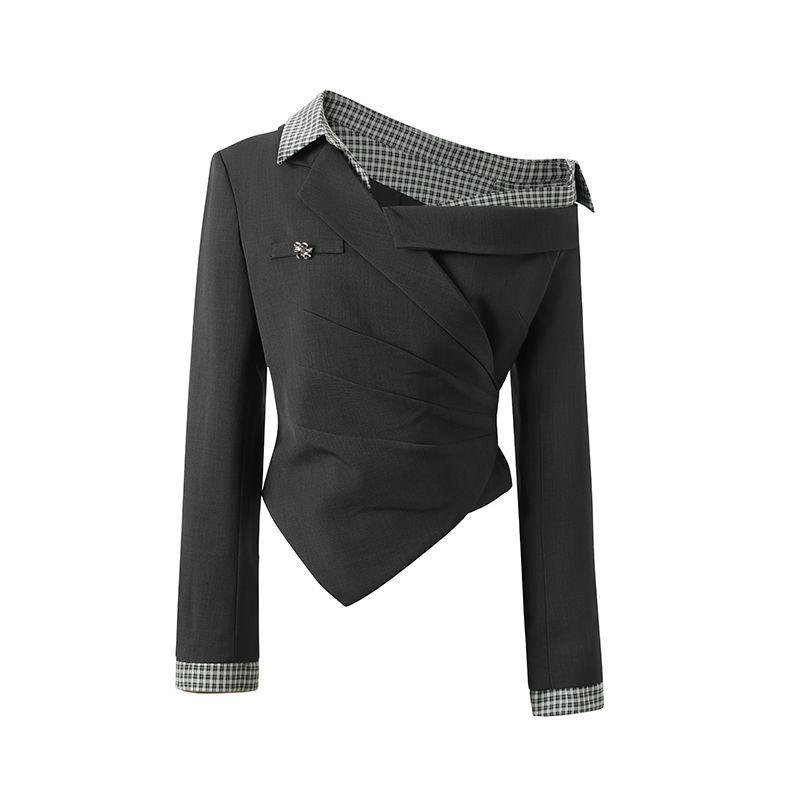 Осенняя клетчатая рубашка с длинным рукавом и открытыми плечами для женщин, приталенная, стройнящая, великолепный дизайн