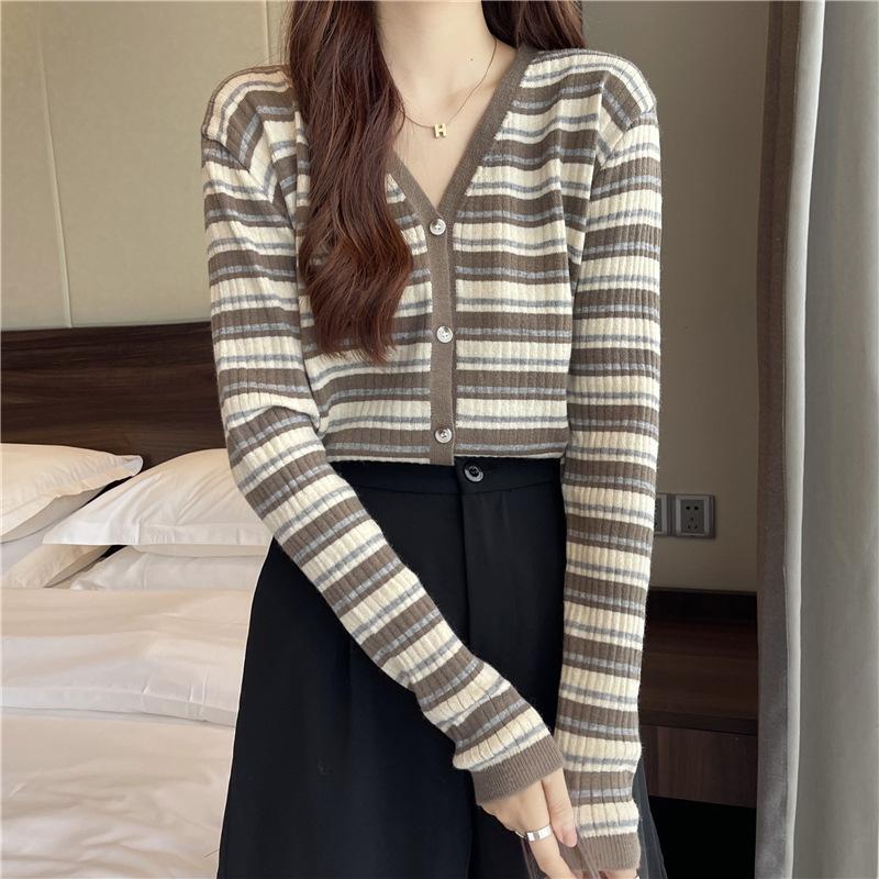 Retro Autumn and Winter Versatile Long-sleeved Collar Striped Cardigan Sweater Women's Knitted Bottoming Shirt Jacket Women