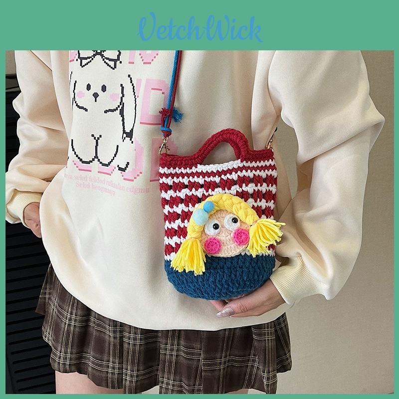 Cartoon Knitted Crossbody Bag With Shy Girl Design For Women Soft Lightweight Decorative Phone Pouch