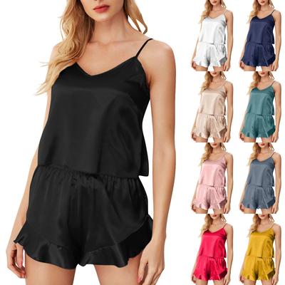 Пижама для женщин комплект из атласа 2 предмета шелковый топ и шорты повседневная мода с оборками мягкая одежда для сна