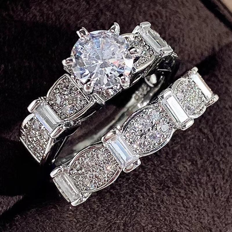 Великолепный набор колец серебряного цвета, инкрустированных белыми камнями, круглые, для вечеринки, помолвки, свадьбы, женские украшения