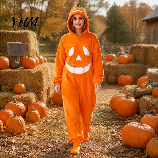 Funny Cosplay Romper Halloween Pumpkin Onesie Pajamas, Adult Jumpsuit with Happy Plush Fleece Homewear Face, Soft Hooded Costume for Party Night,