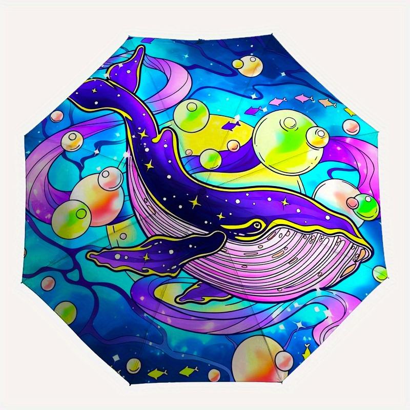 Whale, Fantasy Automatic folding umbrella simple eight rib design, bright color pattern, durable iron frame, ideal for travel and outdoor,