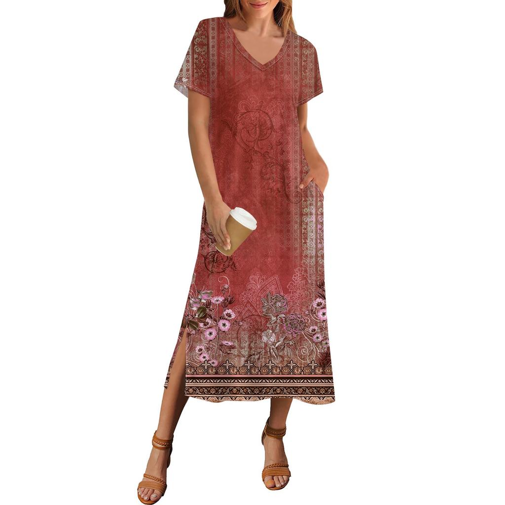 Women's Summer Floral Print Dress Short Sleeve Beach Dress With Pocket Casual V-neck Hem Side Slit Dress